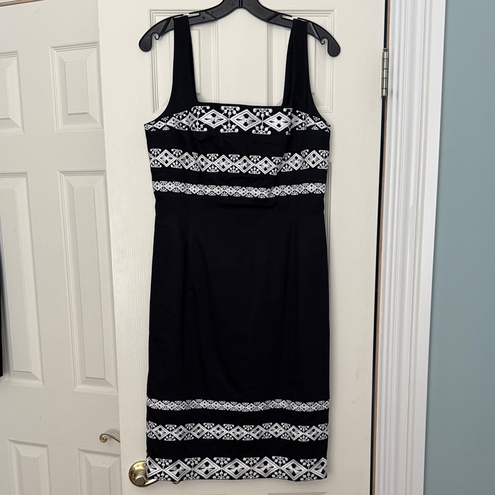 White House Black Market Black Dress with White Geometric Accents